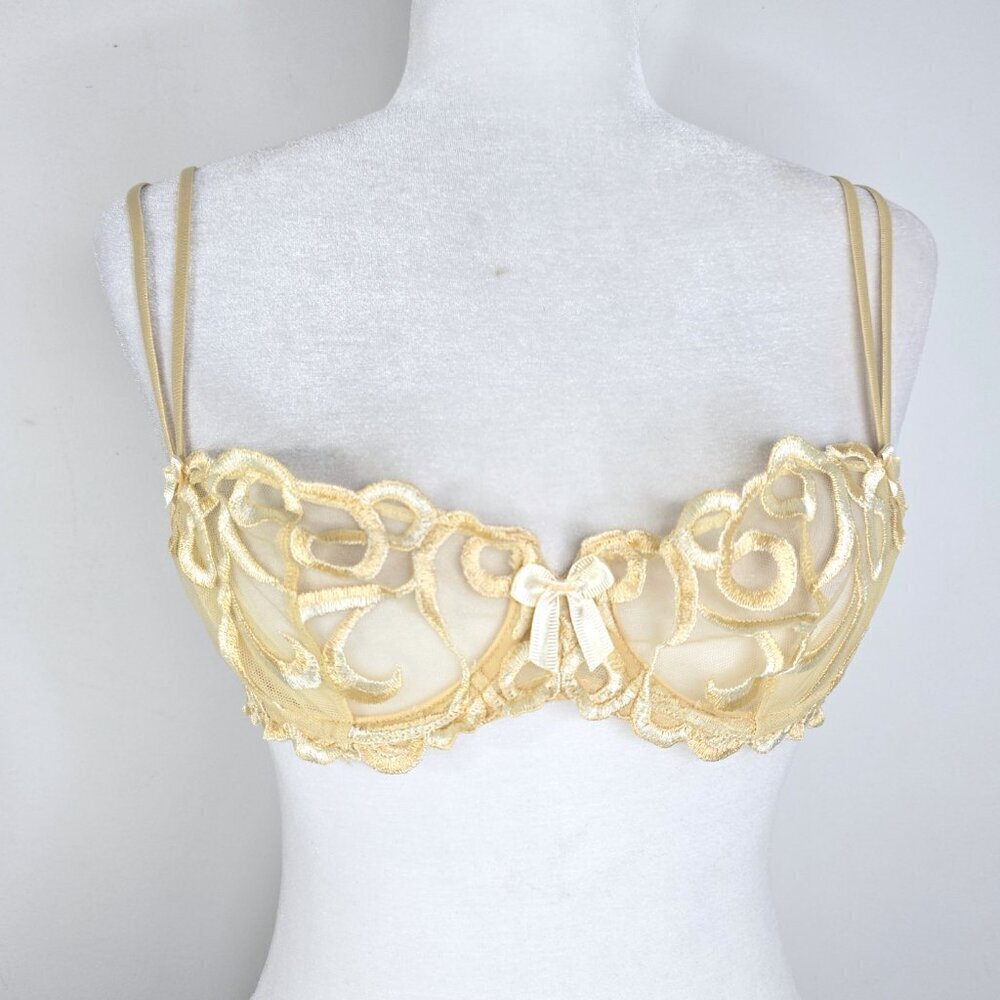 Vintage Simone Perele European Boudoir Yellow Sheer Embroidered Underwire Bra